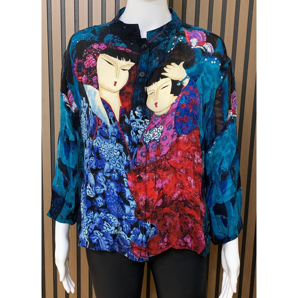 Chicos Design Silk Artistic Portrait Print Button Down Blouse Blue Red Size 3